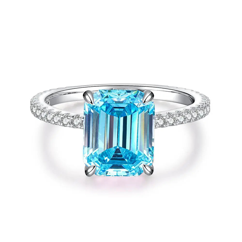 Waterproof Women 925 Sterling Silver Aquamarine 5A 8A Cubic Zirconia Ring Wedding Anniversary Rings Custom Jewelry Supplies