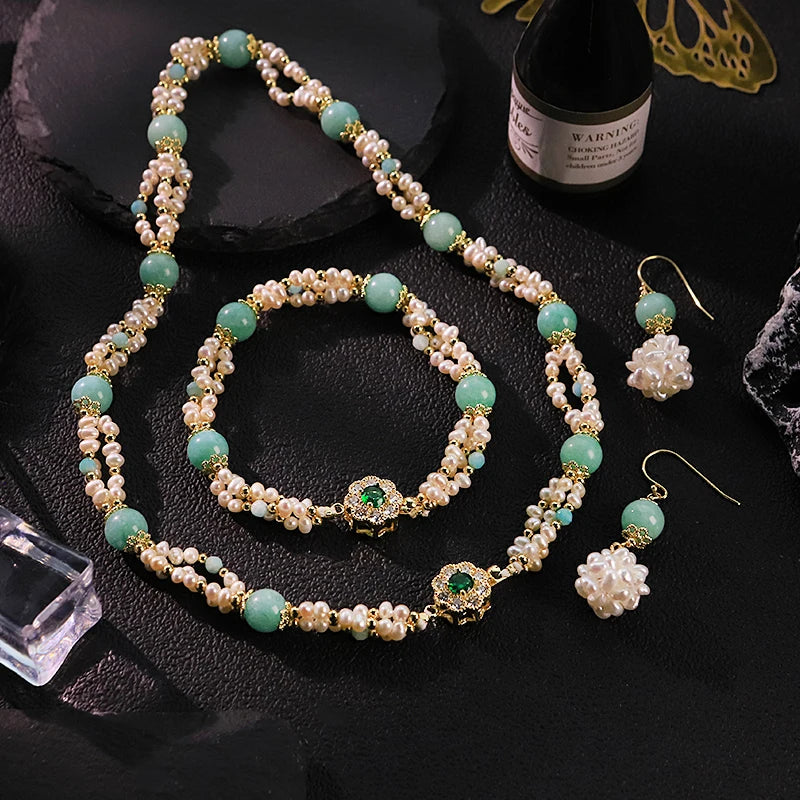 GLSEEVO Natural Freshwater Pearl & Green Stone Jewelry Set | Necklace & Bracelet | GS0241 | SASSARRI Collection