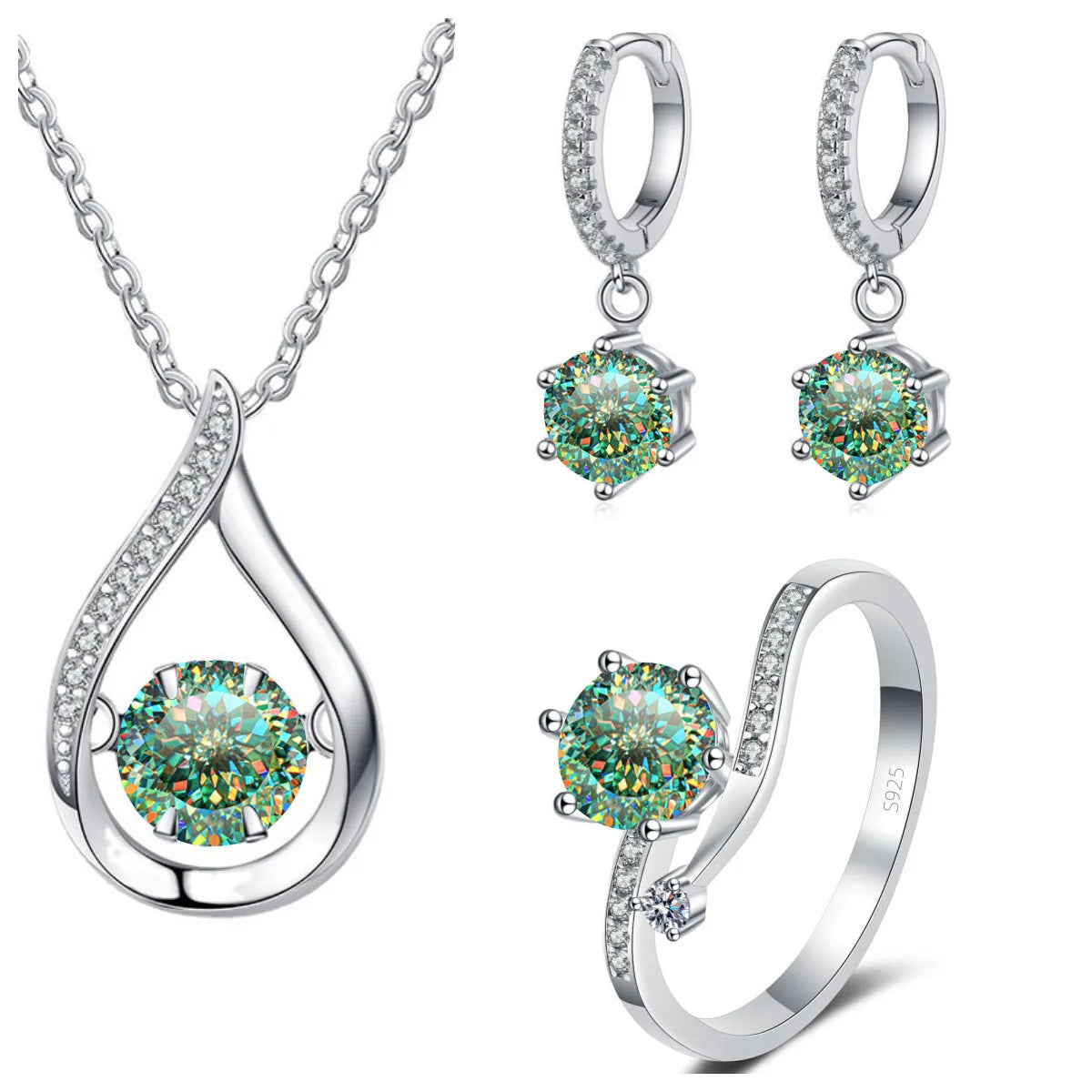 ArtistA SPECIAL001Simple and Elegant Round Cut 1CT VVS GRA Multi Colored Moissanite Jewelry Set 925 Silver Water Drop Necklace Earrings Ring Set