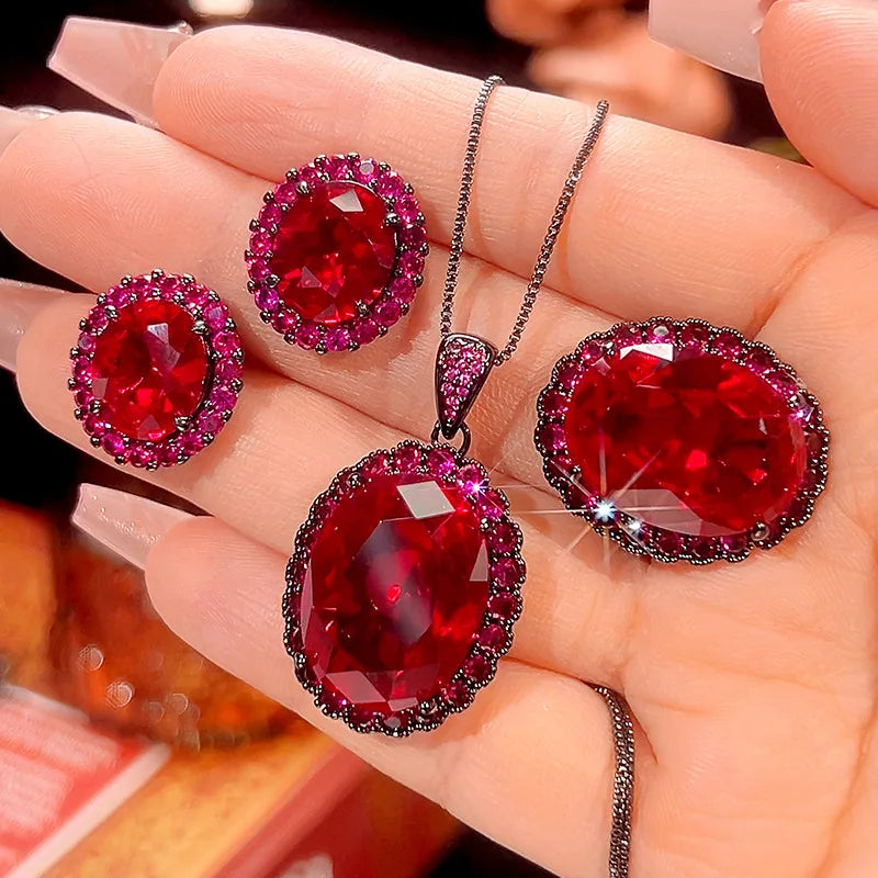 Gemfiori 2025 New Jewelry Brass Gold Plated Dove Blood Red Zircon Advanced Oval Set for Women