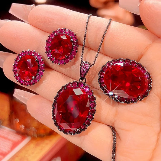 Gemfiori 2025 New Jewelry Brass Gold Plated Dove Blood Red Zircon Advanced Oval Set for Women
