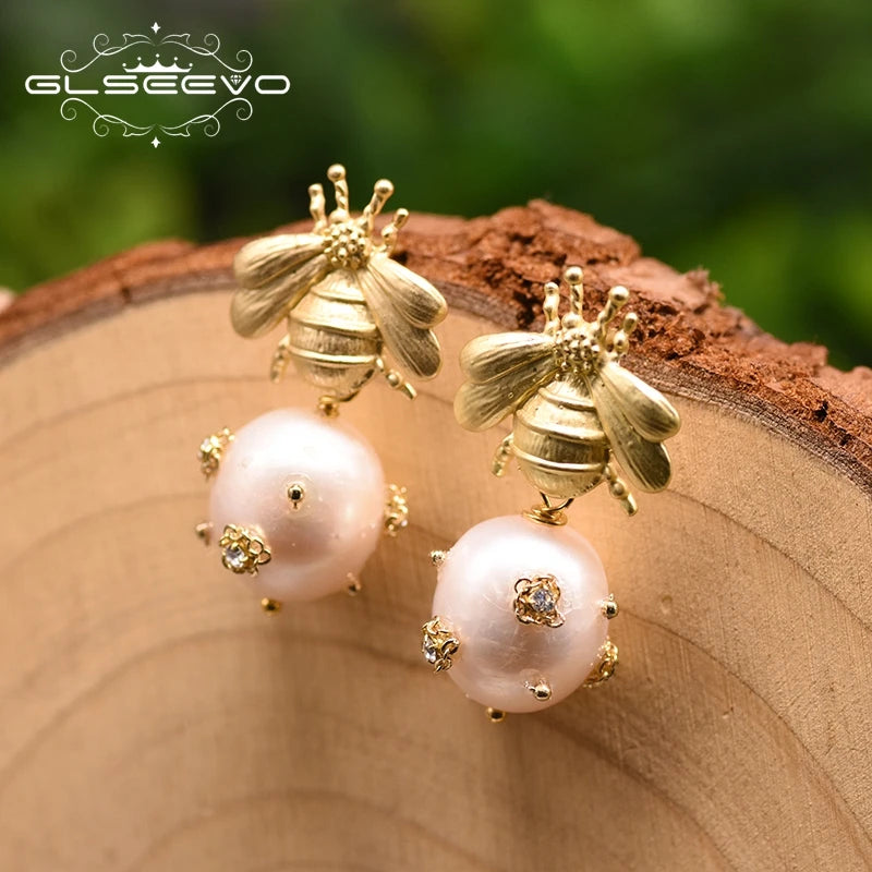 Natural Freshwater Big Pearl Drop Earrings for Women Wedding Engagement Bee Dangle Earrings Fine Jewelry