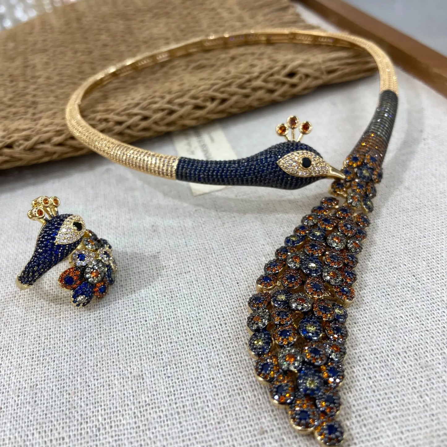 Luxury Peacock Multicolour Zirconia Gold-Plated Choker Necklace & Ring Set