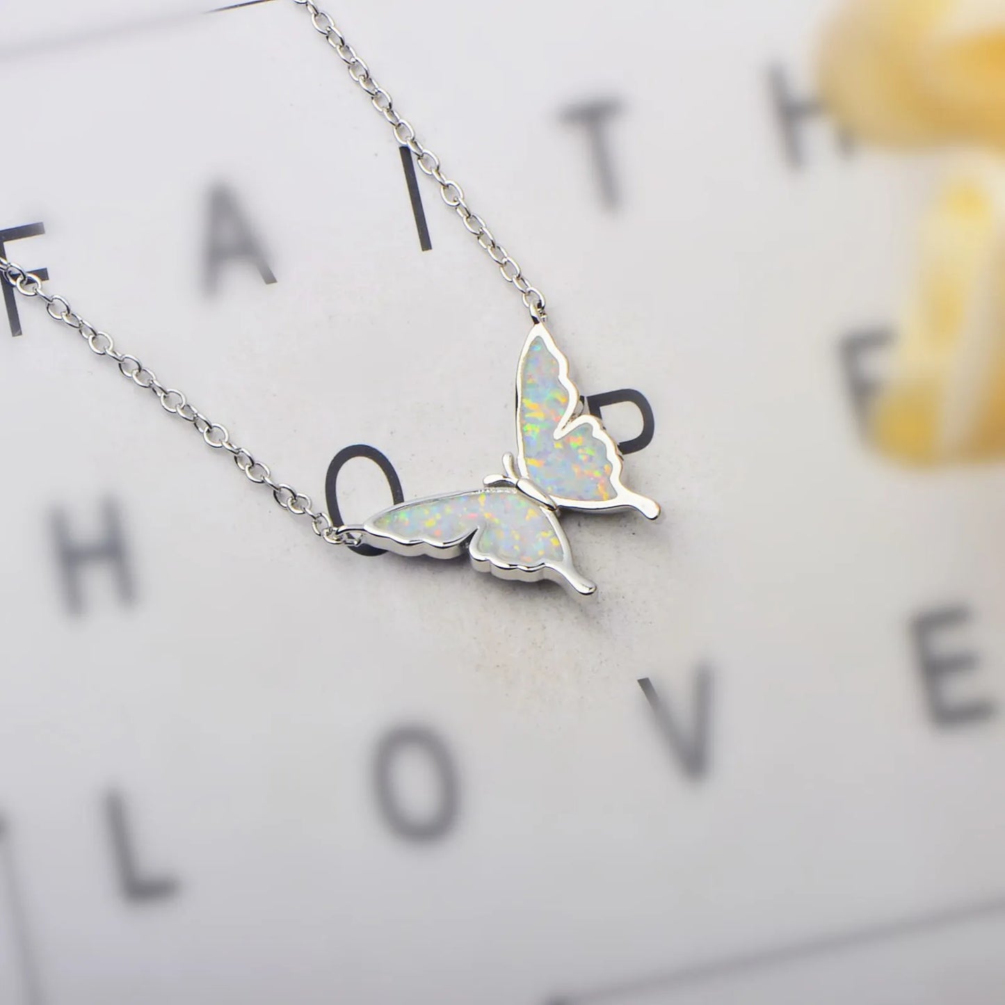 Iridescent Opal Butterfly Pendant | Silver Fashion Necklace