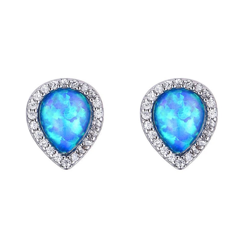 Teardrop Opal Halo Stud Earrings - Blue Fire Opal & Paved CZ Frame Design | Elegant Daily Jewelry Bulk Gifts