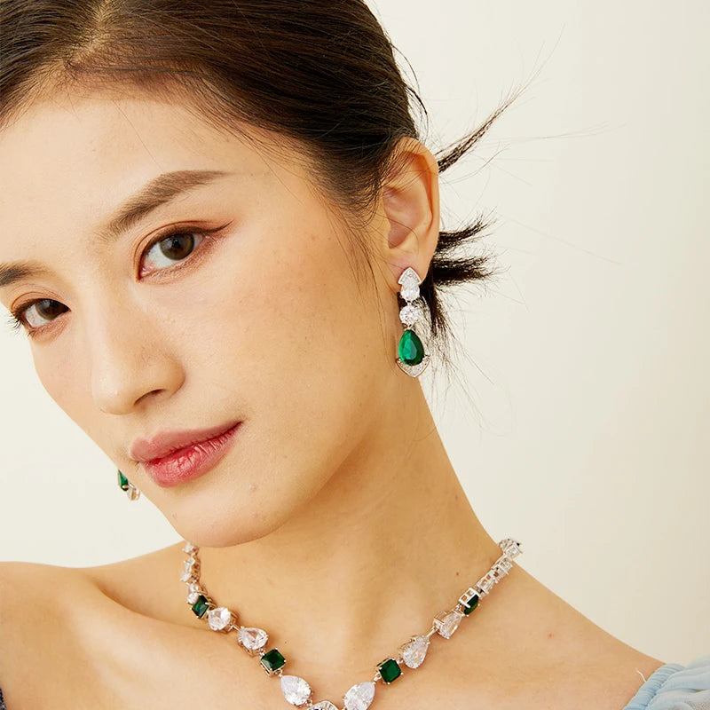 Elegant Women's Brass V-Shaped Necklace Earrings Simple Green Zircon Gemstone Sweater Chain Fashionable Weddings Parties Gifts