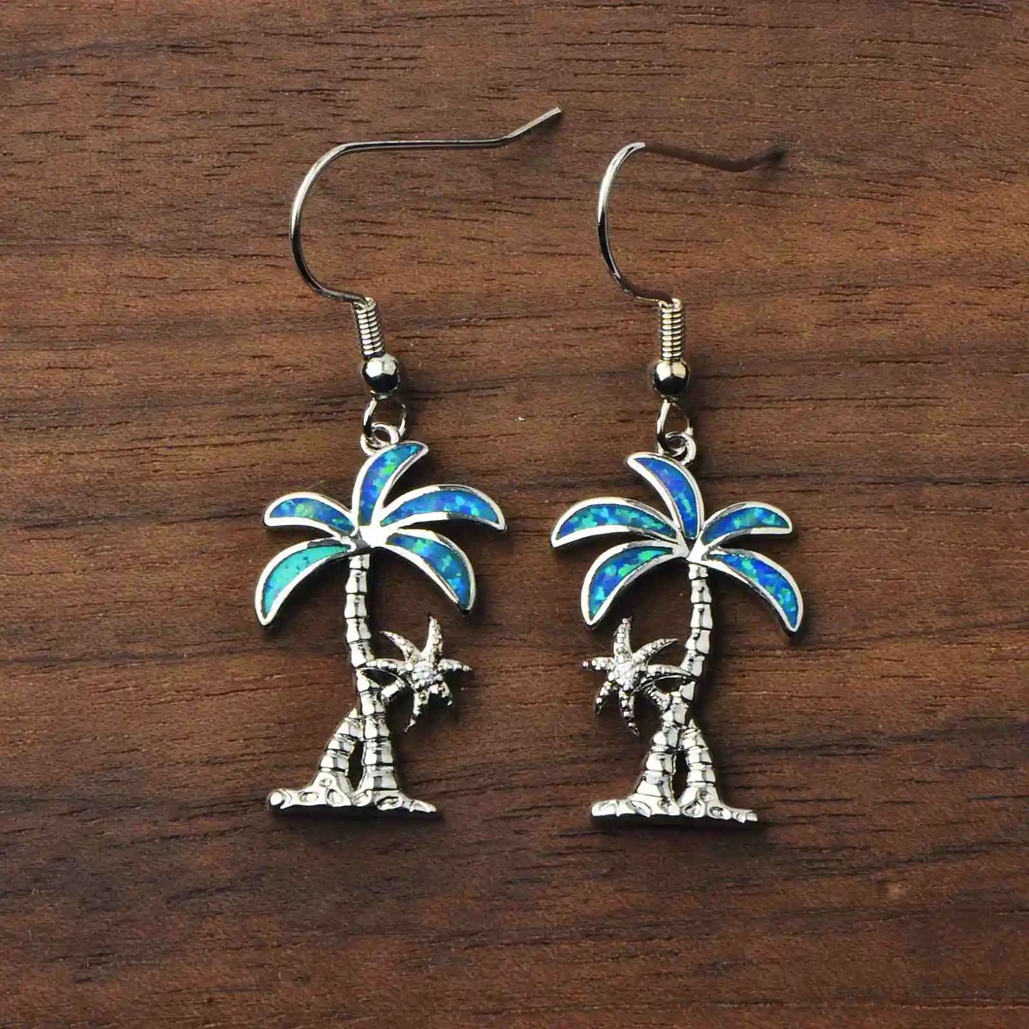 Trendy Silver Plated Brass Tropical Palm Tree Blue Fire Opal Starfish Drop Earrings-Women's Beach Vacation Jewelry Bulk Gifts