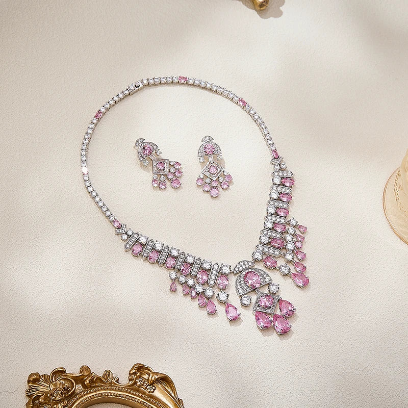 Bridal Wedding High-end Jewelry Necklace Earring Set Heavy Craftsmanship Shining Pear Shaped Zirconia Banquet Accessories