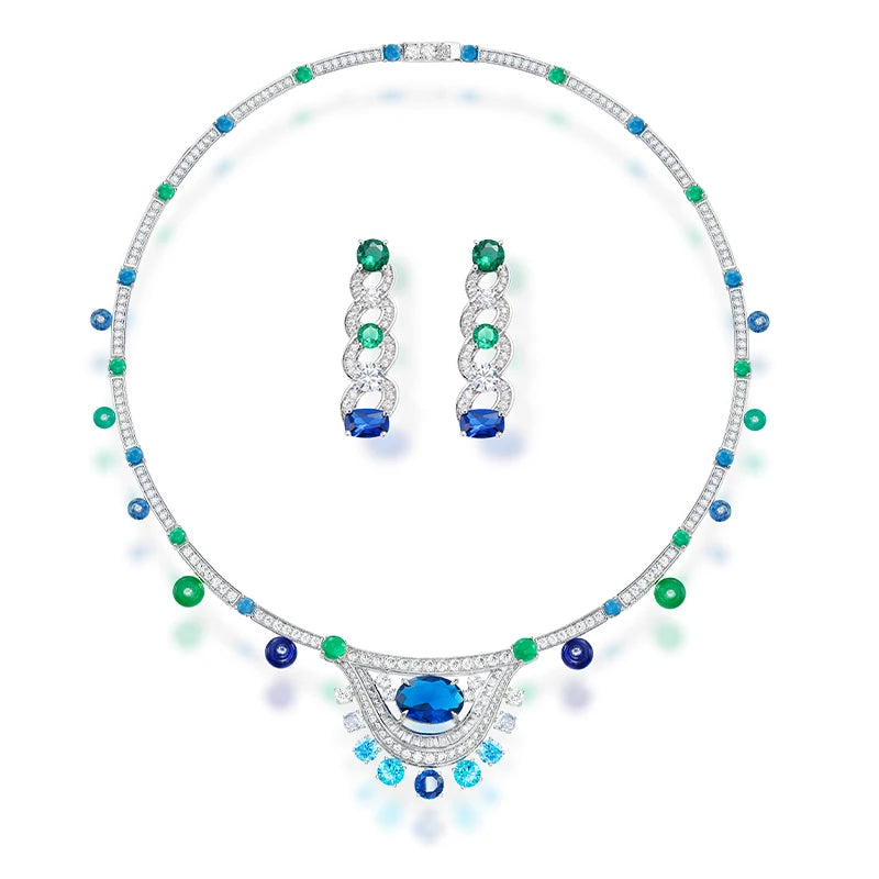 Gradient Blue Bead Necklace Earring Set Zirconia High Quality Brass Jewelry Fashion Sexy Women's Gift