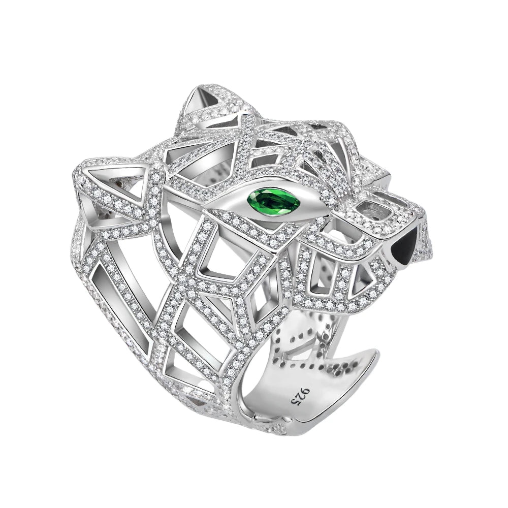 MuShan Jewelry Factory Leopard Head 925 Sterling Silver Rings Bands Women Hollow Design High Carbon Diamond HCD Gemstones Ring