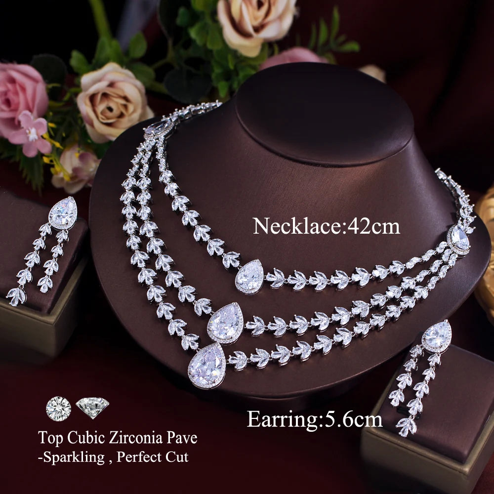 Shiny White Zirconia Water Drop 3 Layers Luxury Leaf Necklace and Earrings Wedding Bridal Big Jewelry Set for Women Party Wear