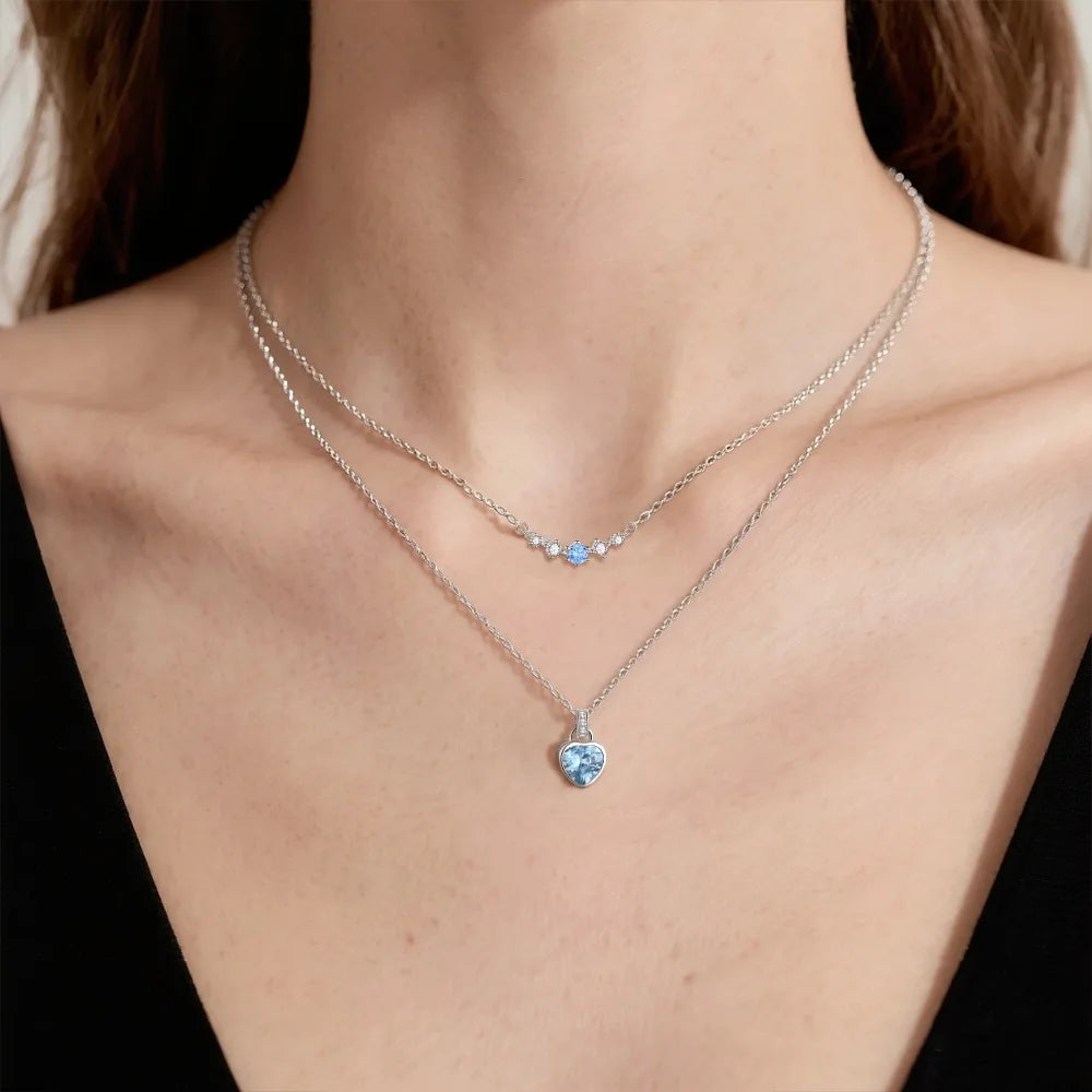 S925 Sterling Silver Double Layer Necklace Set Blue Moissanite Heart Pendant Necklace Trendy Clavicle Chain Jewelry for Women