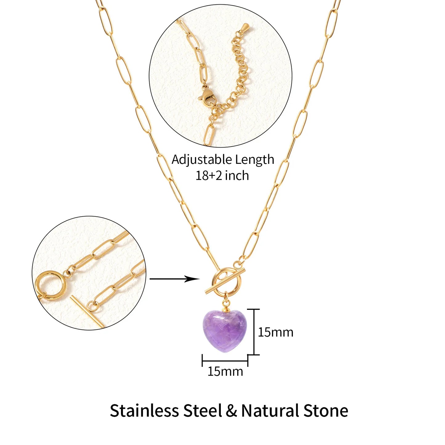 Natural Stone Stainless Steel Heart Pendant Necklace Necklace