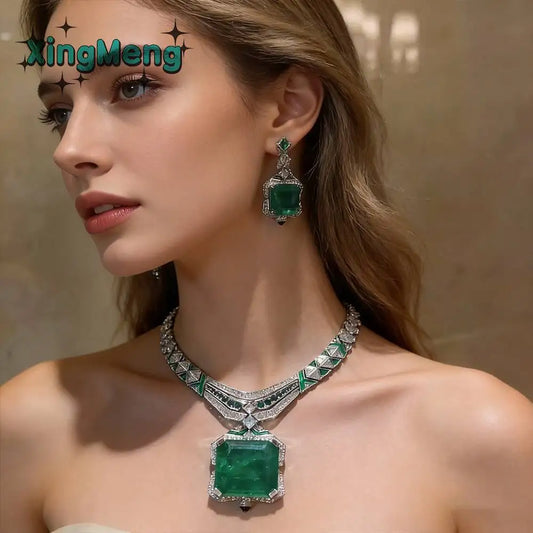 XM S205 Luxury Emerald Green Crystal Princess Cut Platinum Plated Copper Statement Necklace Drop Earrings Wedding Anniversary