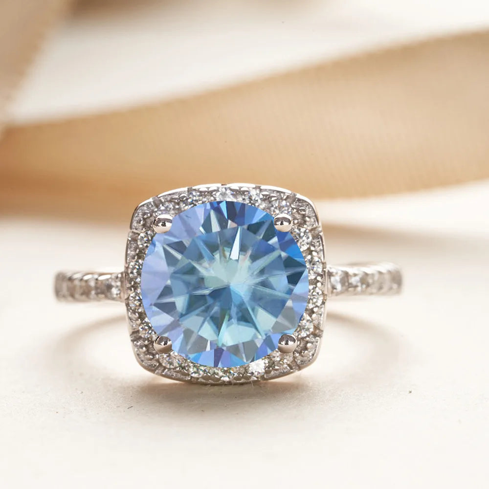 Wholesale 925 Silver PT950 Platinum Plated Square Bezel Set Round Cut 3 Carat VVS GRA Colored Moissanite Engagement Ring
