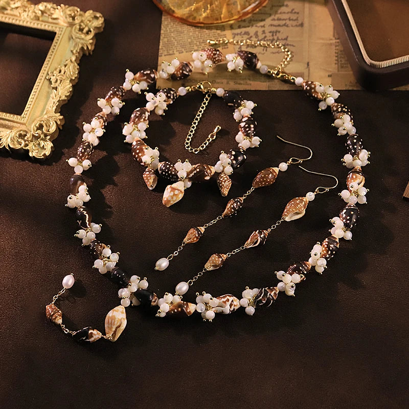 GLSEEVO Natural Freshwater Pearl & Seashell Beaded 3-Piece Jewellery Set — Necklace, Bracelet & Earrings