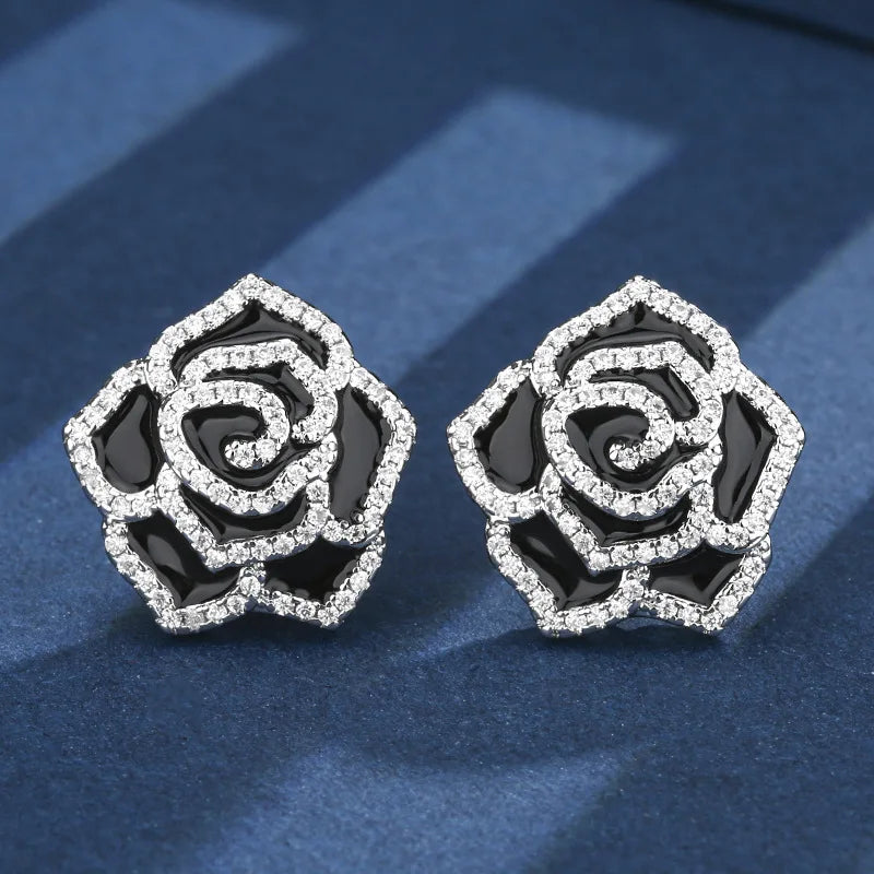 Gemfiori Black Rose Earrings with a High-end Feel Light Luxury Pendant French Retro Temperament Niche Design Ring Jewelry Set