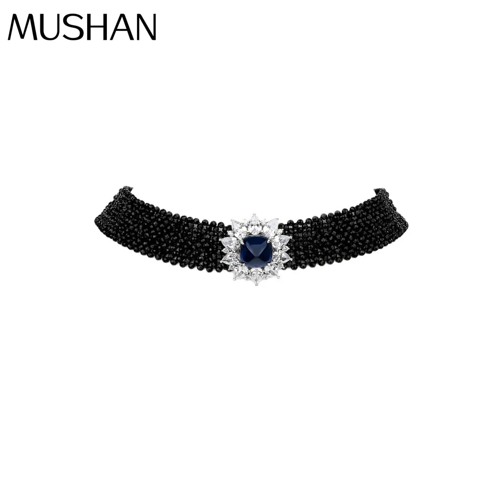 MUSHAN Jewelry Factory Black Spinel Woven S925 Sterling Silver Multi Layer Necklace High End Cross Piece Necklace