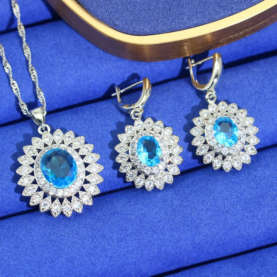 XOTICA Classics 925 Silver Jewelry Set for Women Sky Blue Zirconia & Emerald for Wedding Party or Date