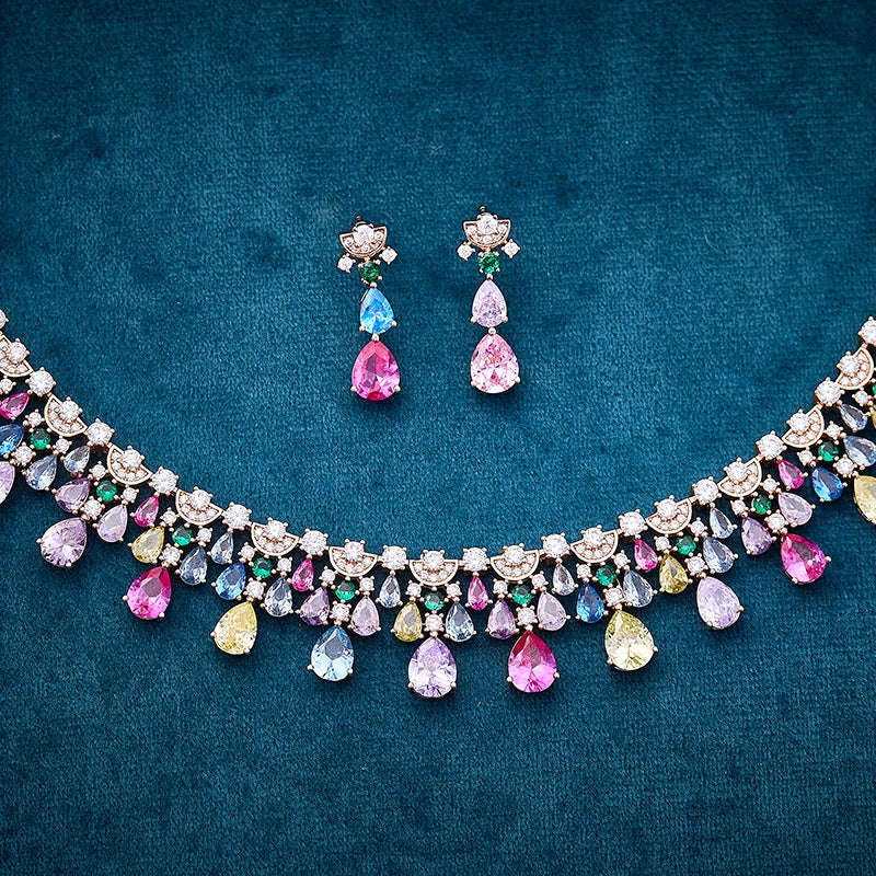 Retro Luxury Women's Fashionable rainbow Jewelry Necklace Earring Set Brass Cubic Zirconia Luxury Dinner Pairing