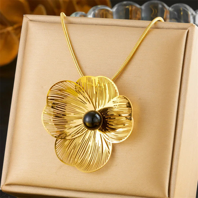 Gold Flower Necklace, Earrings & Ring Jewellery Set | Black & White Luxury Fashion Set