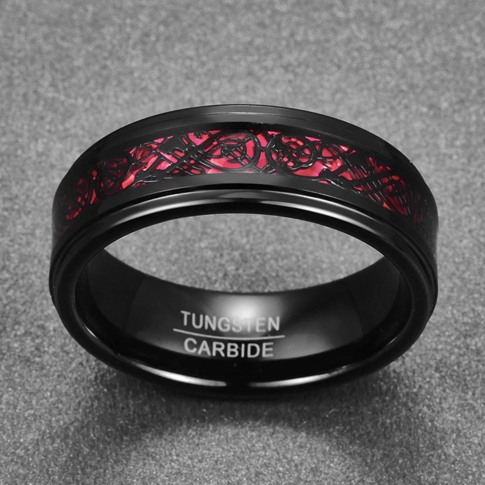 REBEL 8mm plated black step edge inlaid red fiber black dragon pattern men's tungsten steel steel ring jewelry