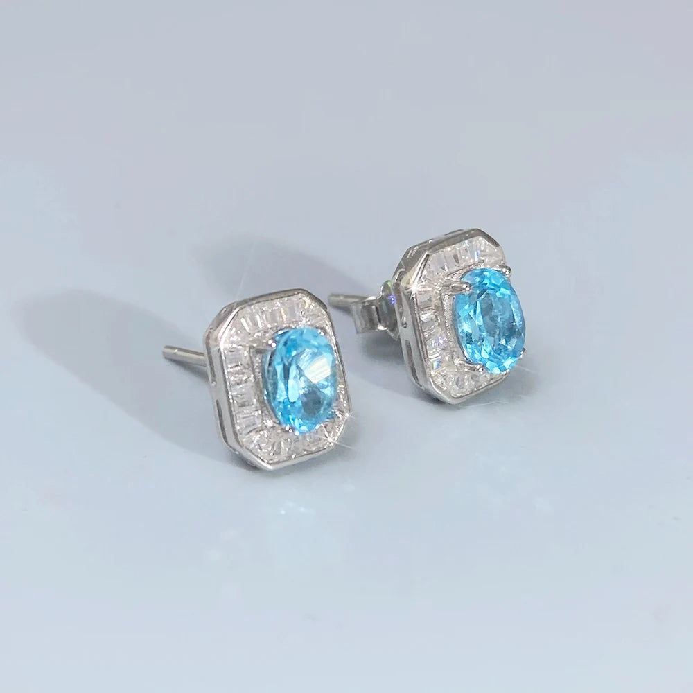 Gioiellieri Natural Swiss Blue Topaz Stud Earrings with S925 Sterling Silver for Women Classic Gemstone Jewelry Birthday Gift for Her Fine