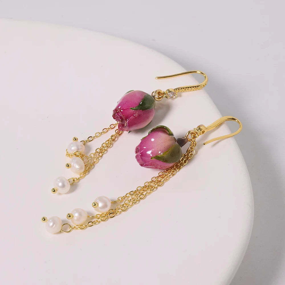 Natural Pearls Bead Dropping Glue Flower Earrings Korean Style Women Luxury Jewelry Fashion Ladies and Girls Gift GE1516