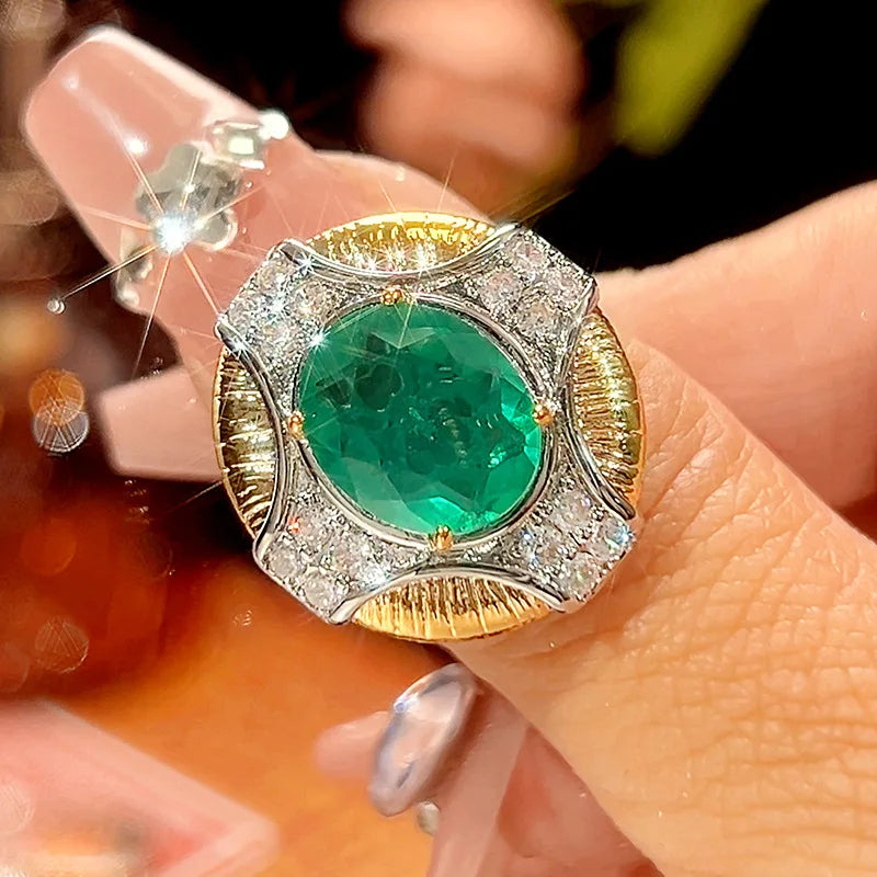 REDheart Trendy Copper Inlaid Zircon Plated Two-Color Open-Opening Movable Flower Ring Simulation Emerald Palace Style Niche Set