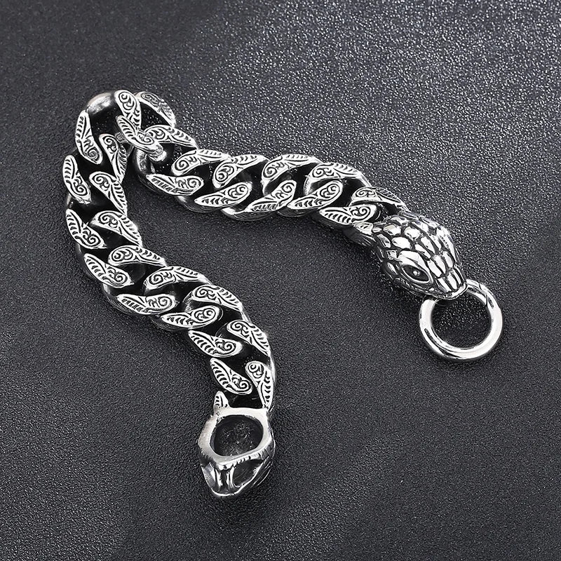 KALEN Men Punk Stainless Steel Ring Clasp Cuban Bracelet With Snake Charms