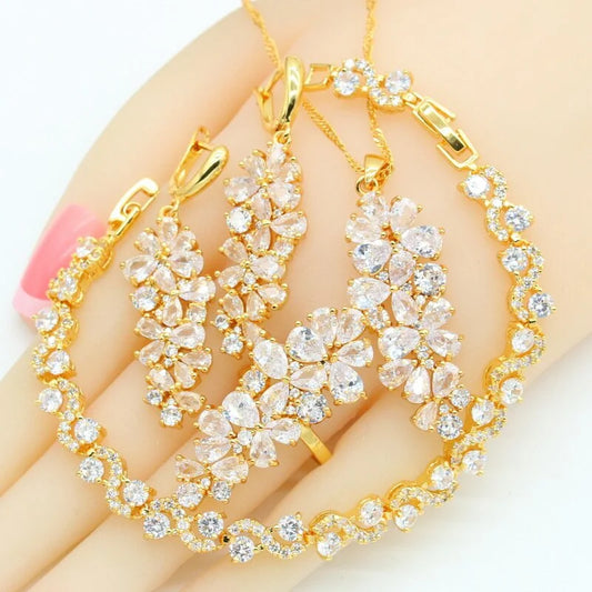 Luxury Gold Jewelry Set for Women Wedding Bracelet Earrings Necklace Pendant Ring-Zircon Stones for Parties and Birthdays