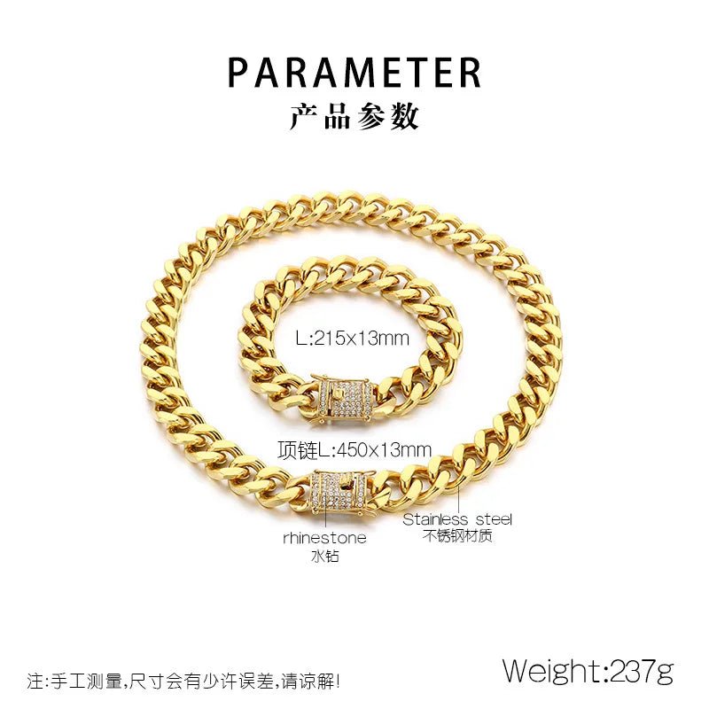 REBEL European American Women's Stainless Steel 316L Cuban Chain Bracelet CNC Exaggerated Zircon for Gift Jewelry Set