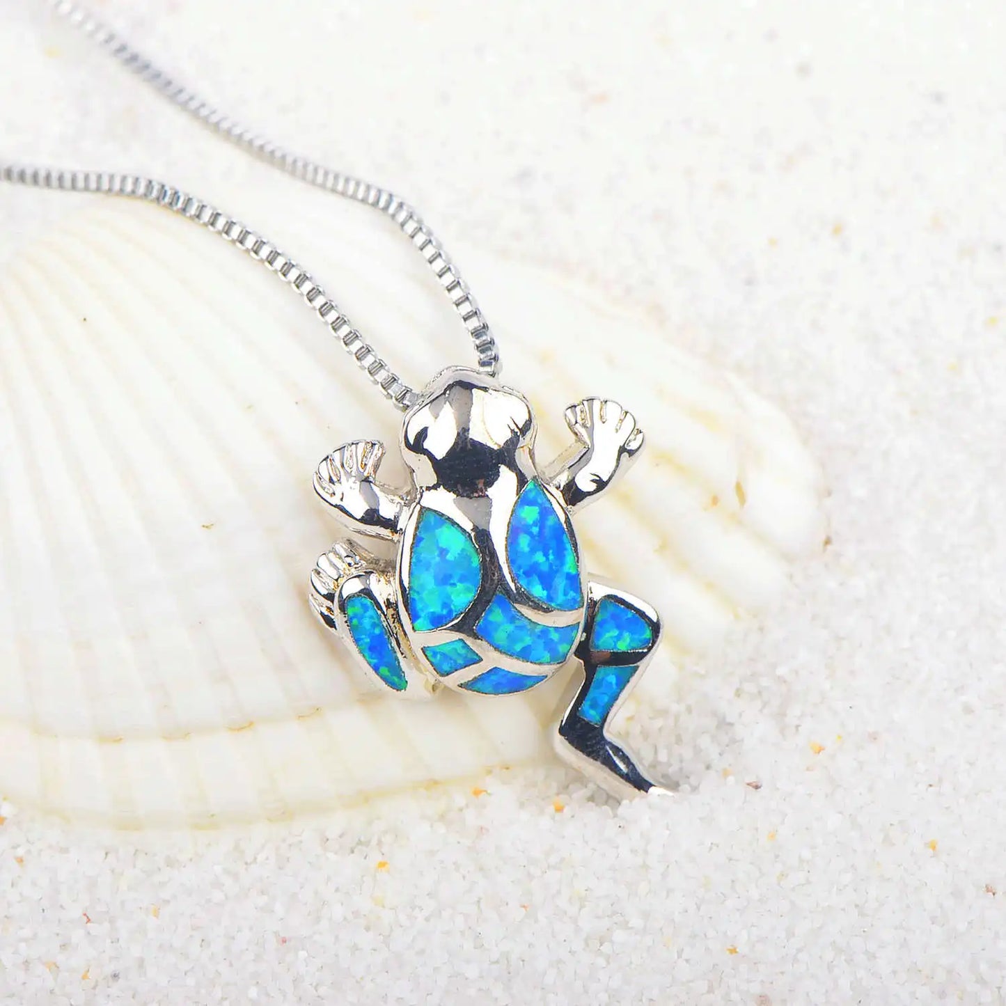 Vintage Inspired Blue Opal Frog Pendant Necklace Women's Elegant European Fashion Sweater Accessory