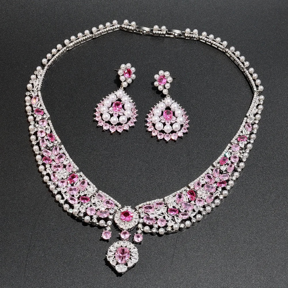 Bella Viva Luxury Pink Bridal Jewelry, Platinum Plated Brass & Cubic Zirconia Necklace and Earring Sets, for Wedding and Party