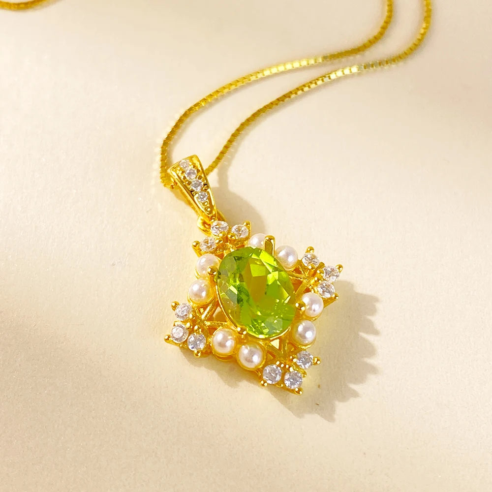 Gioiellieri Supplier for Natural Olivine Gemstone Gold Plated 925 Sterling Silver Luxury Pendant Necklace for Women
