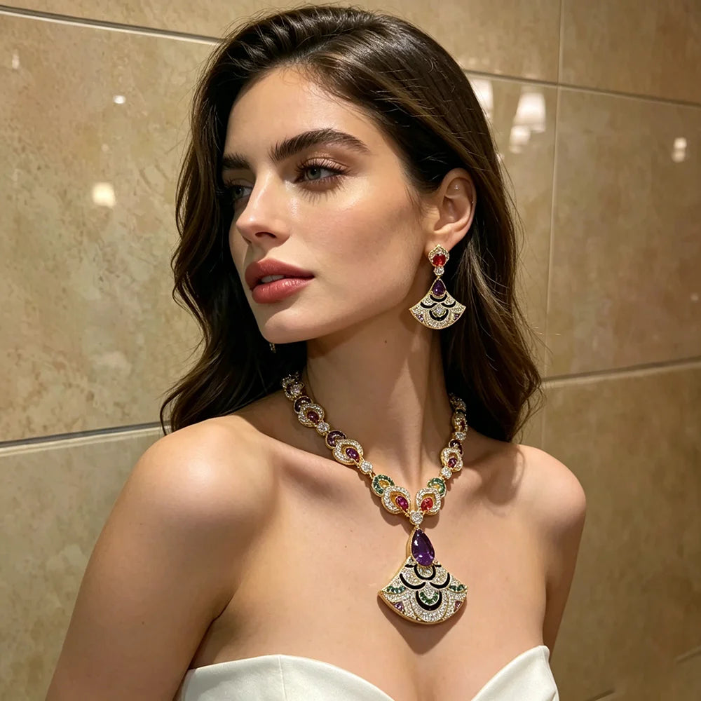XM S417 Gold Plated Multicolour Crystal Enamel Fan & Teardrop Stone Pendant Necklace & Drop Earrings Set