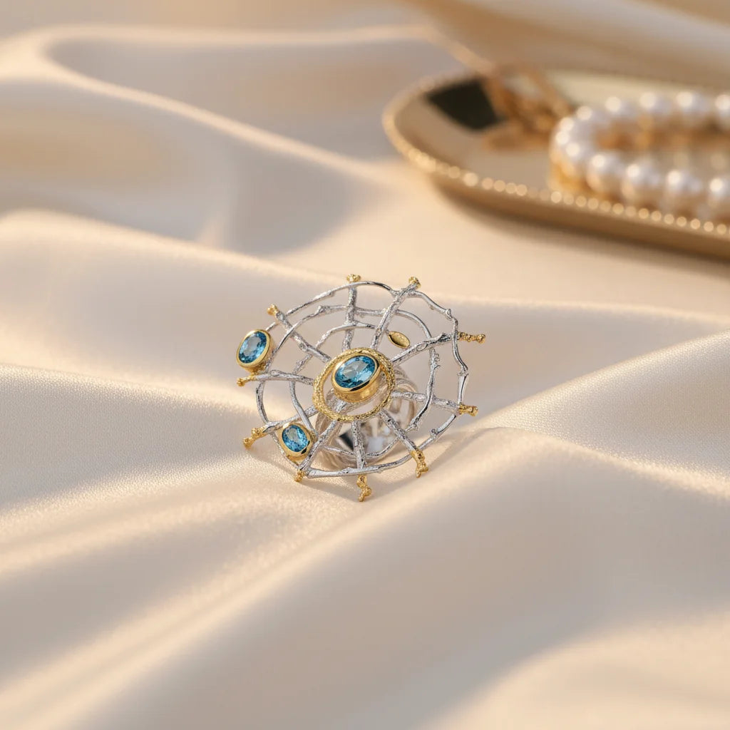 Hollow Blue Topaz 925 Sterling Silver Spider Finger Ring Jewelry