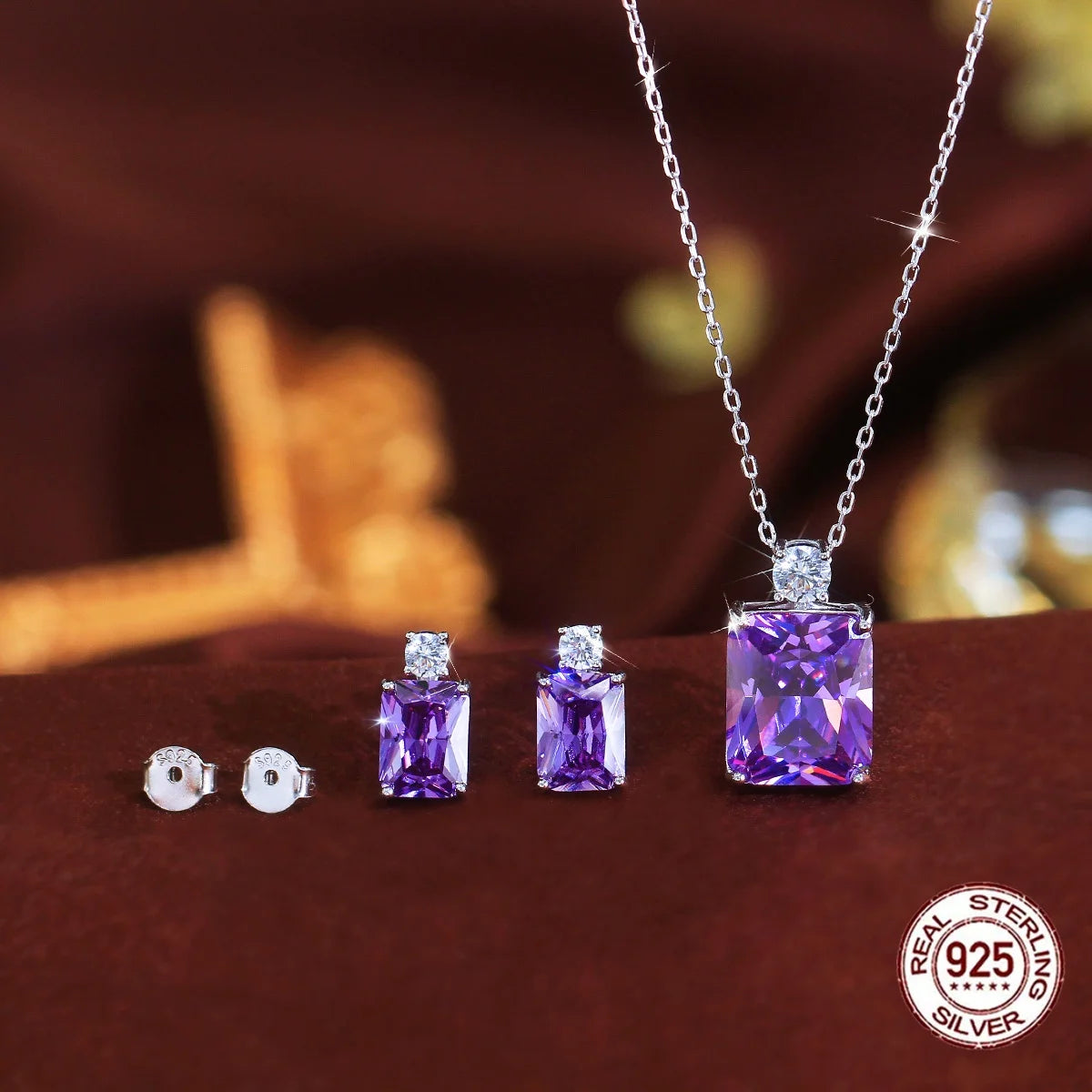 Sterling Silver Purple CZ Baguette Pendant Necklace & Earrings Set Rhodium Plated Bridal Party Gift for Women & Girls