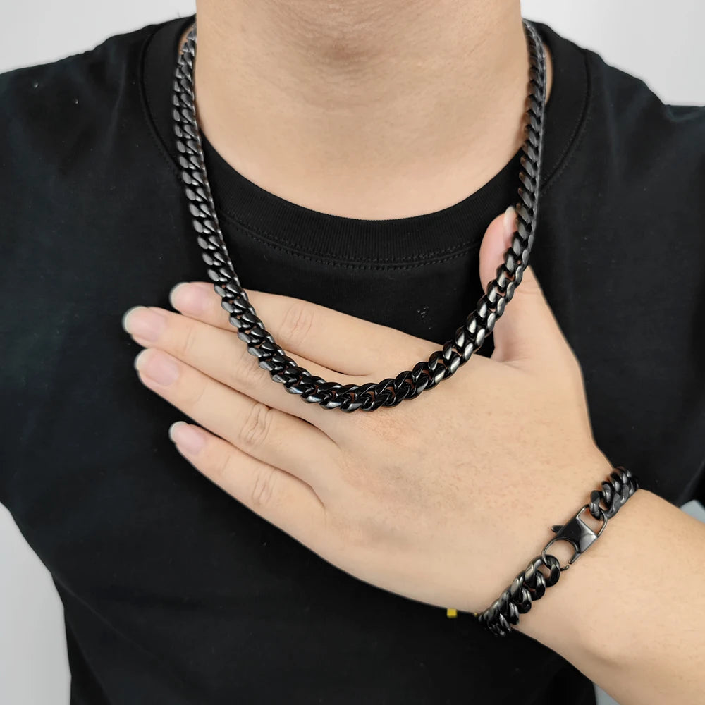 BiG-BOSS NUOYA 10MM Stainless Steel Black Plated Cuban Link Chain Men Gold Chains Hip Hop Style Miami Curb Necklace Custom Jewelry