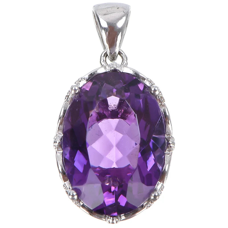 Gioiellieri Natural Amethyst Oval Cut Claw Setting Rhodium Plated 925 Sterling Silver Luxury Customized Women's Solitaire Pendant Necklace