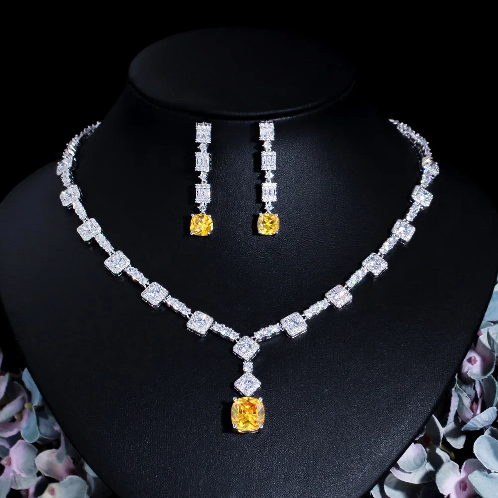 Classic Square Cut Yellow Cubic Zirconia Stone Wedding Necklace Earrings Dubai Nigerian CZ Bridal Jewelry Sets