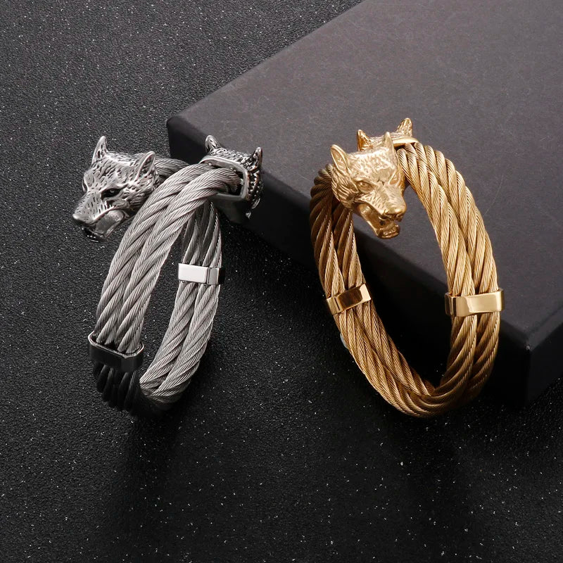 KALEN Punk Silver/Gold/Black/Oxidized Black Stainless Steel Wolf Head Cuff Bangle Bracelet