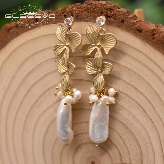 Natural Baroque Pearl Long Flower Drop Earrings for Women Wedding Engagmement Gift Handmade Jewelry Earrings Bulk