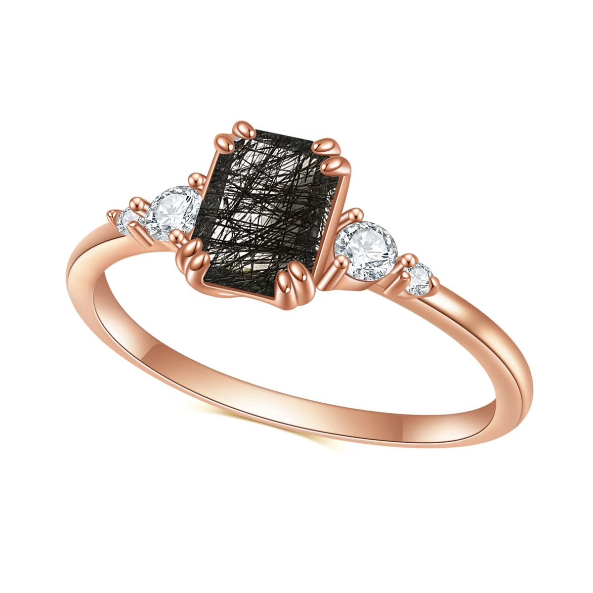 ArtistA Abiding OEM Factory Direct Sale Rose Gold Plated 925 Sterling Silver Natural Black Rutilated Quartz with White CZ Side Stones