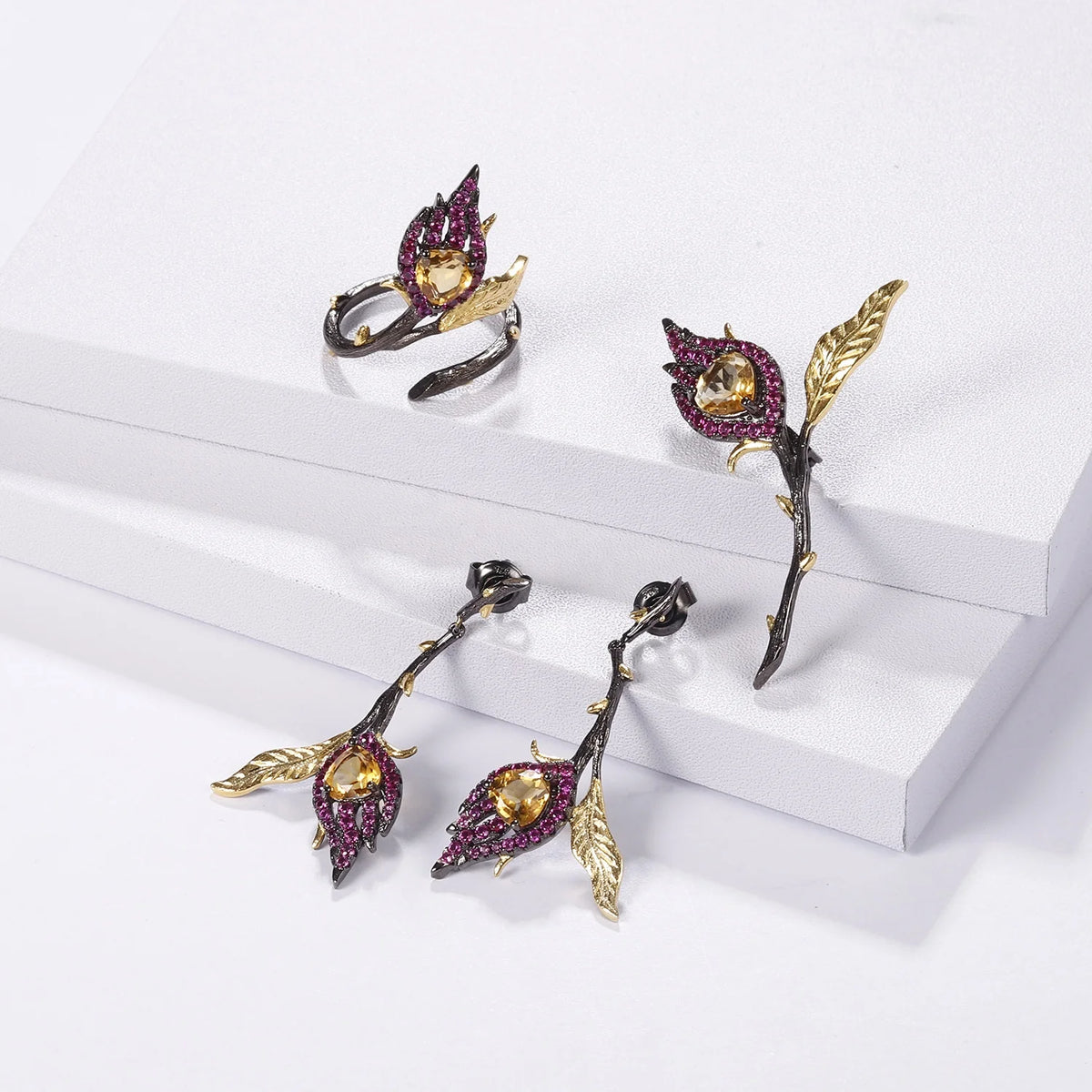 ArtistA C8185 Abiding Unique Natural Gemstone Heart Citrine Rose Flower 925 Sterling Silver Valentines Jewelry Set