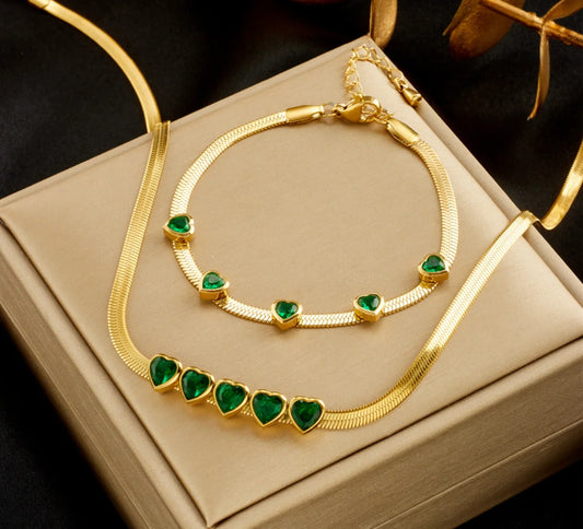 Gold Green Crystal Heart Necklace & Bracelet Jewellery Set | Coordinated Luxury Fashion Set