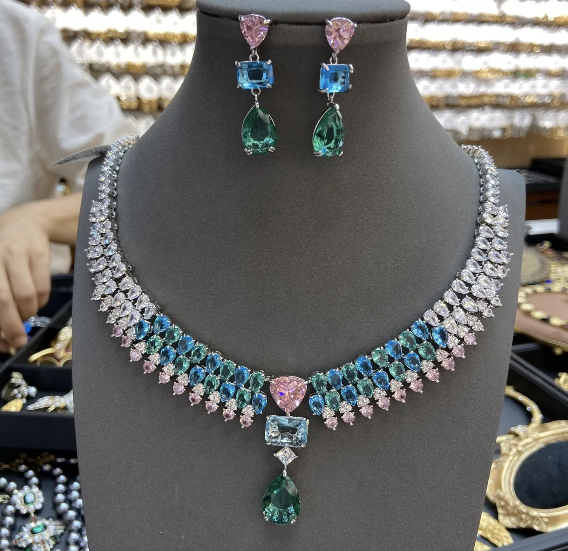 Luxury Bling Colorful Cubic Zirconia Necklace Earring Sets High Quality Dubai Wedding Bridal Jewelry Sets