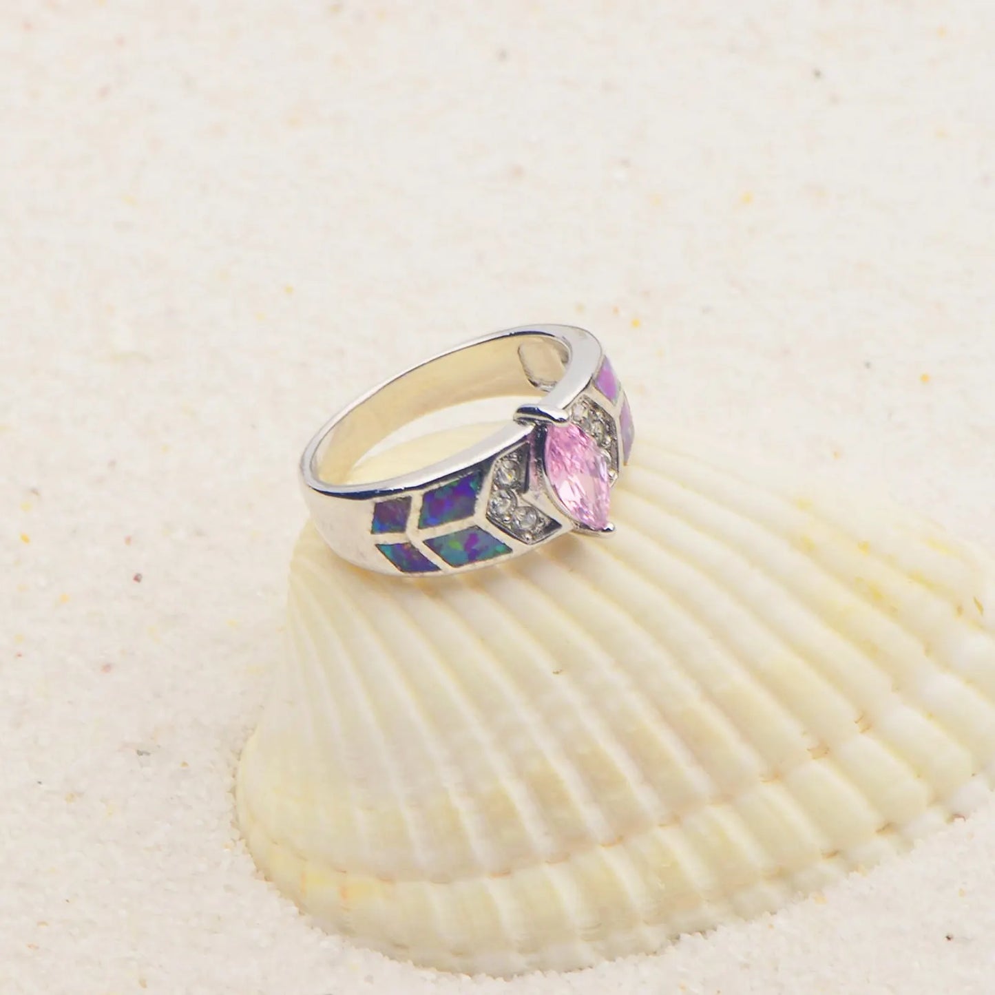 Rhombus Opal Twisted Ring | Iridescent Gem Inlay Band | Nature-Inspired Fashion Jewelry for Women Trendy Wear