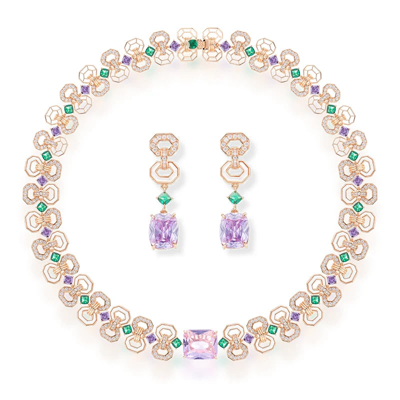 Victoria Style 8-shape Women's Brass Necklace Earrings  Bracelet White Mother of Pearl purple Zircon  High-quality Jewelry