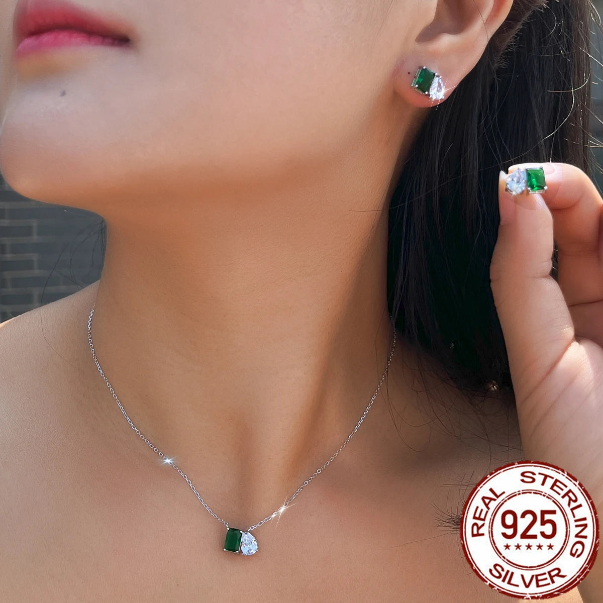 Fashion CZ 925 Sterling Silver Jewelry Set Green Baguette Drop Zircon Pendant Necklace Jewelry Set for Women Girls Daily Wear